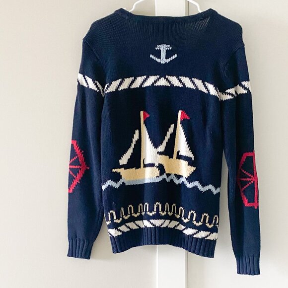 Vtg Crazy Horse Liz Clairborne Sailboat Nautical Cardigan Size S Grandmacore - Picture 2 of 7
